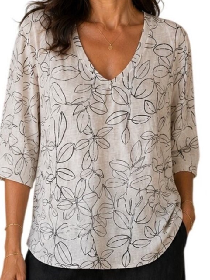 Cynthia Rowley Linen Leaf Print Top With V-Neck And 3/4 Length Sleeves Size 1x